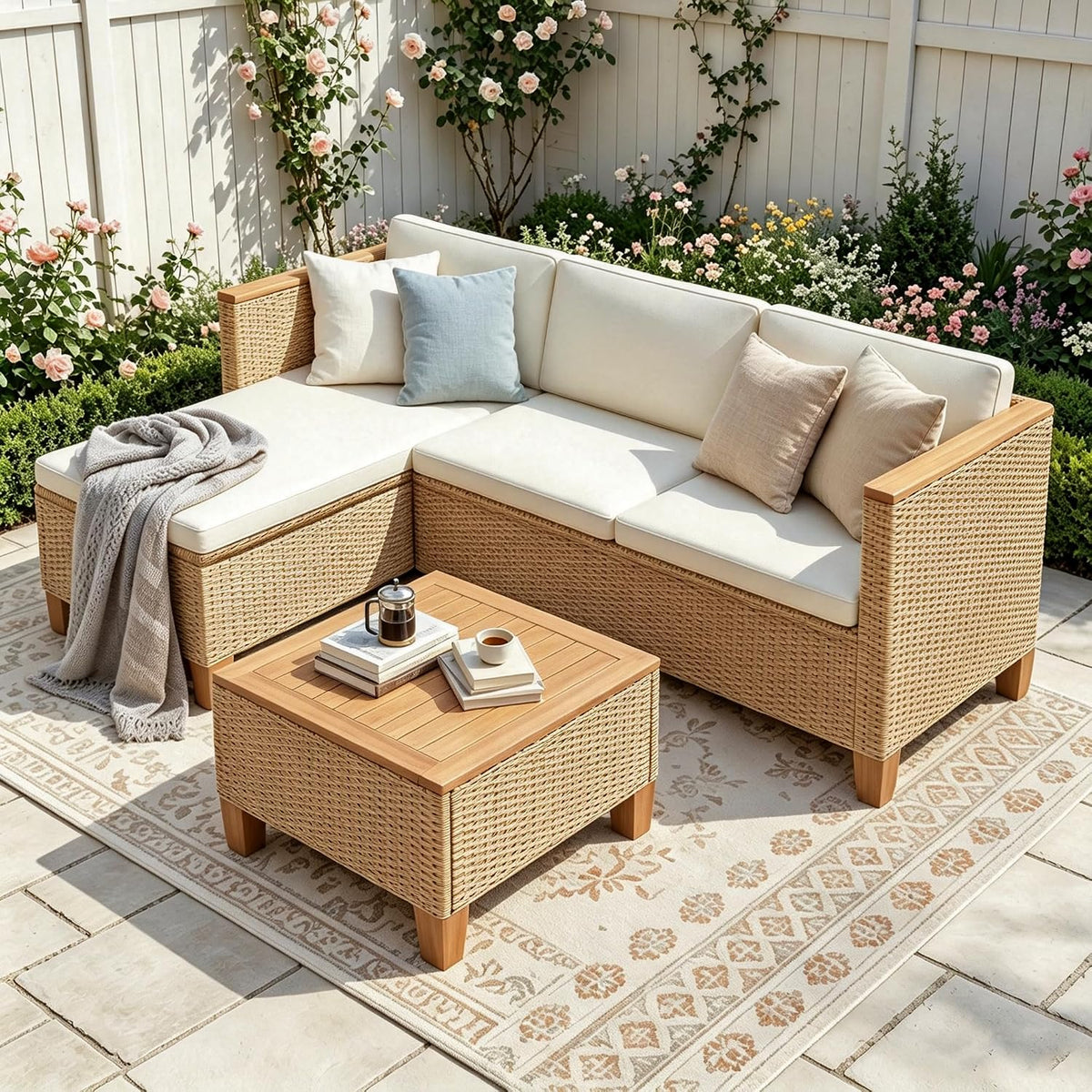 PHI VILLA Sofa, Beige/Natur, 3 Teilig Gartenmöbel Set Balkonmöbel, Rattan Lounge Möbel Outdoor mit 1 Chaiselongue