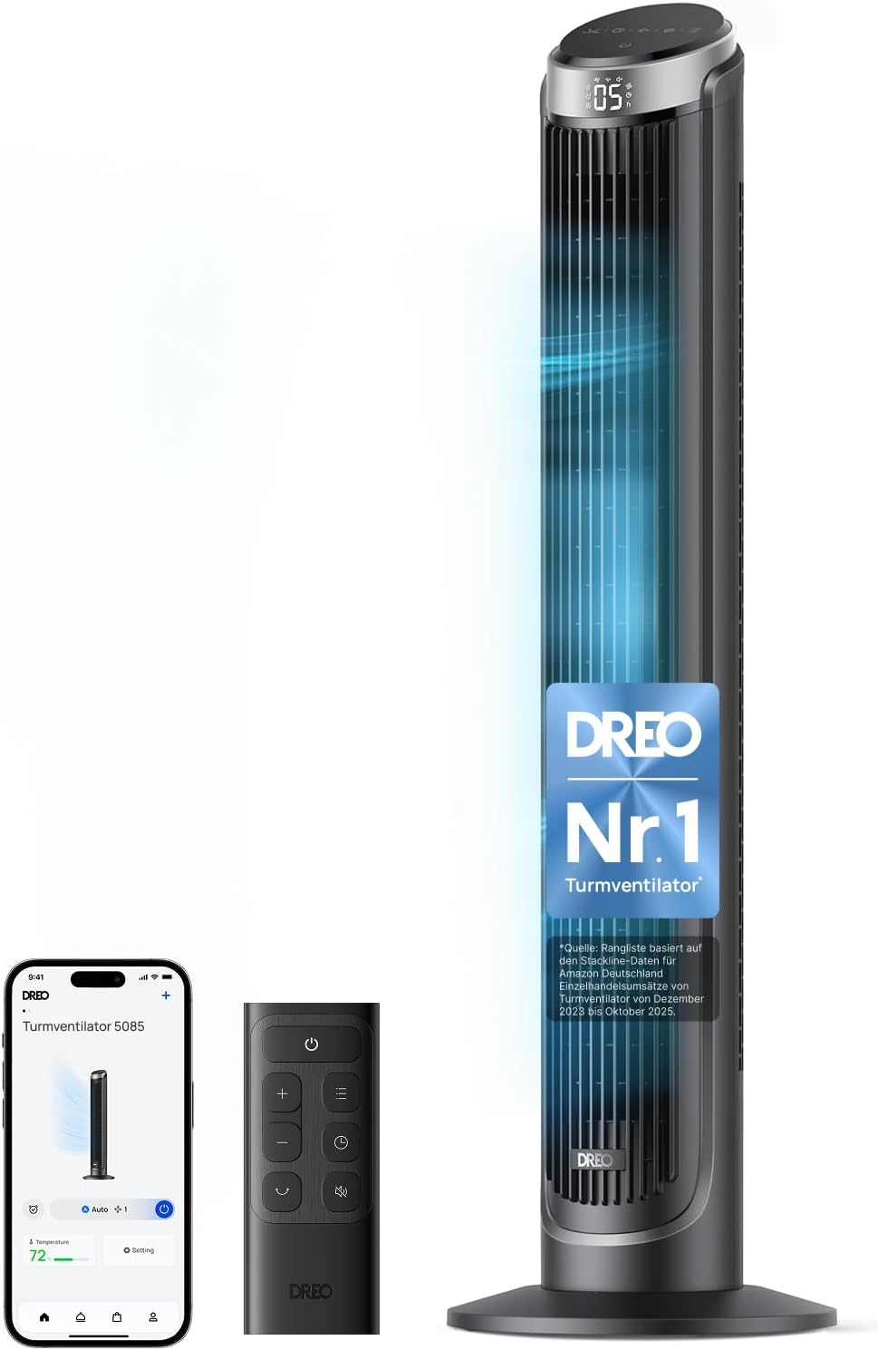 DREO Ventilator, 7.9 m, Silber, Smart Turm Sehr Leise, 90° Oszillierend Stand für Schlafzimmer, /s Windstärke, 5 Stufen
