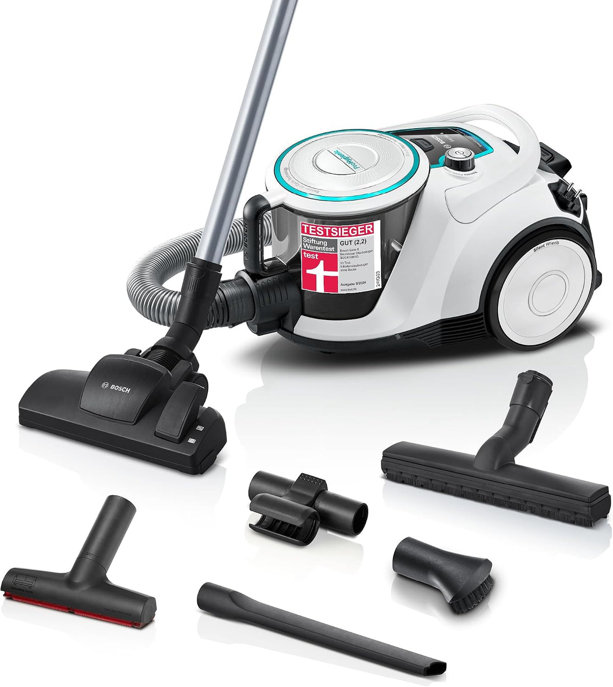 Bosch Staubsauger, 700 W, Weiß, beutellos Serie 6 BGC41XHYG, Boden, Hygiene-Filter, 10 Jahre Motorgarantie, Bodendüse für Parkett