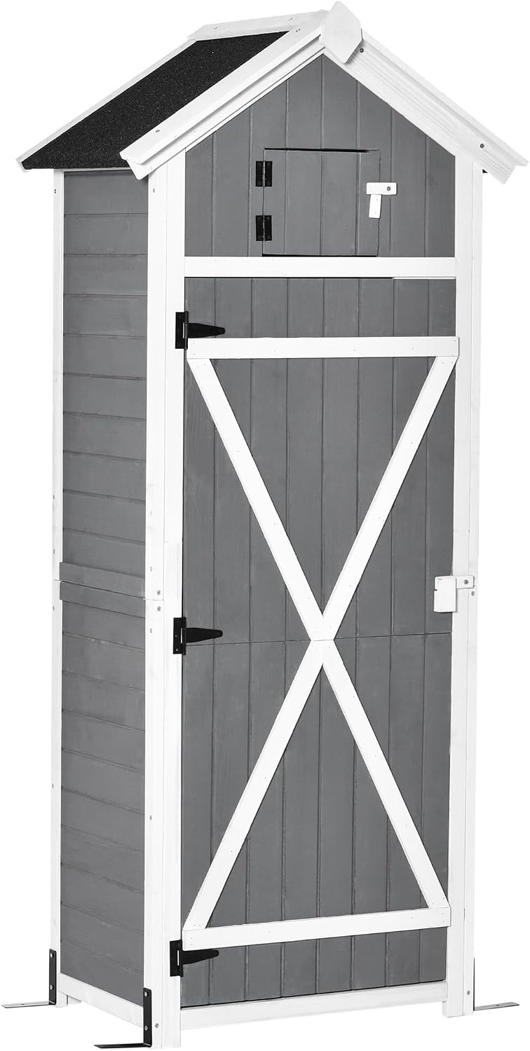 Gerätehaus Outsunny, 78x52,5x182 cm, Grau, Gartenschrank Holz Wetterfest Tür