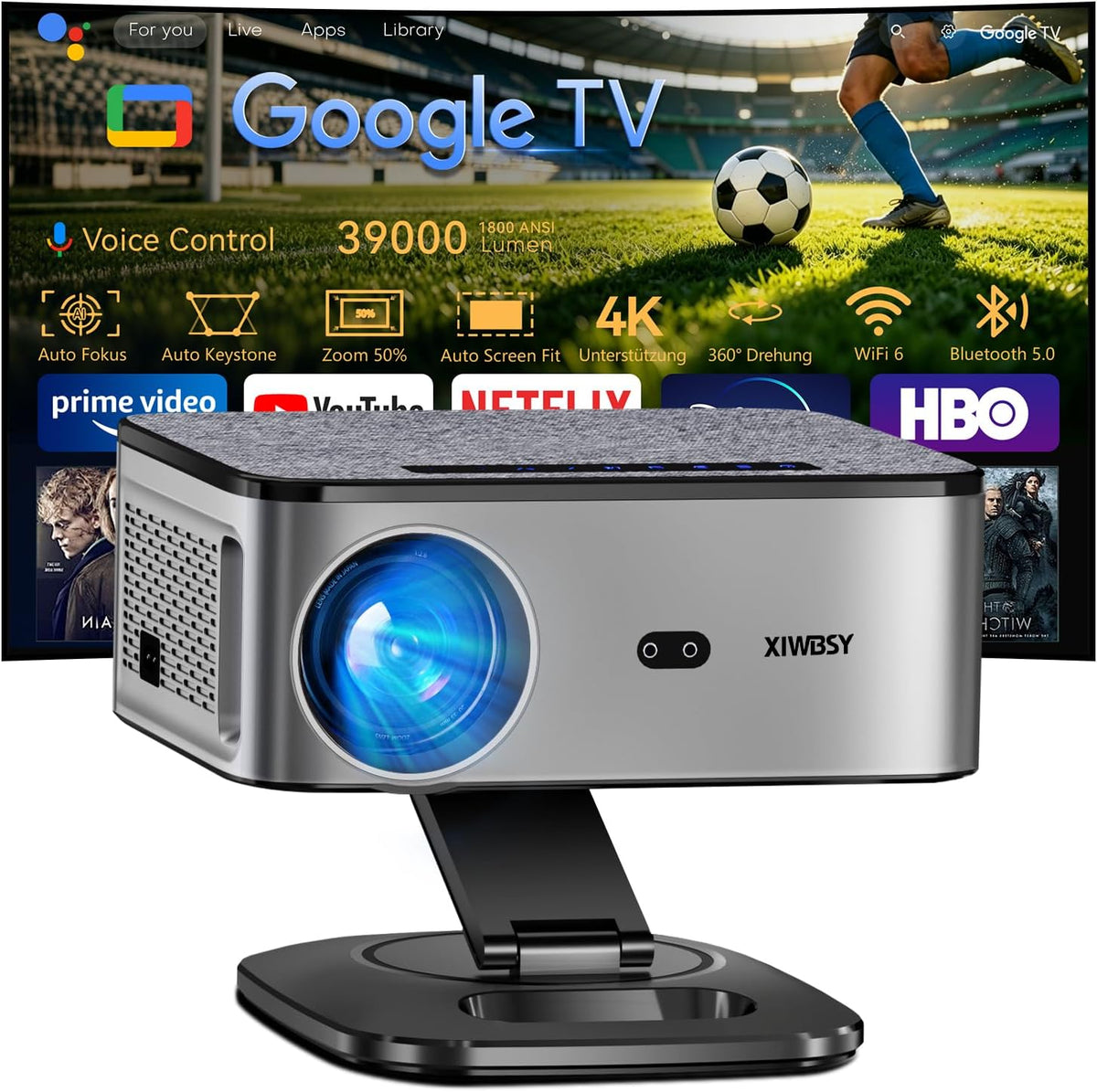 Beamer, Schwarz, Smart Google TV 39000 Lume 4K Unterstützt Heimkino Projektor