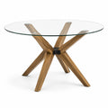 Runder Esstisch mit Glasplatte und Holzgestell, Transparent/Braun/Schwarz, Ø 120 × 75 cm