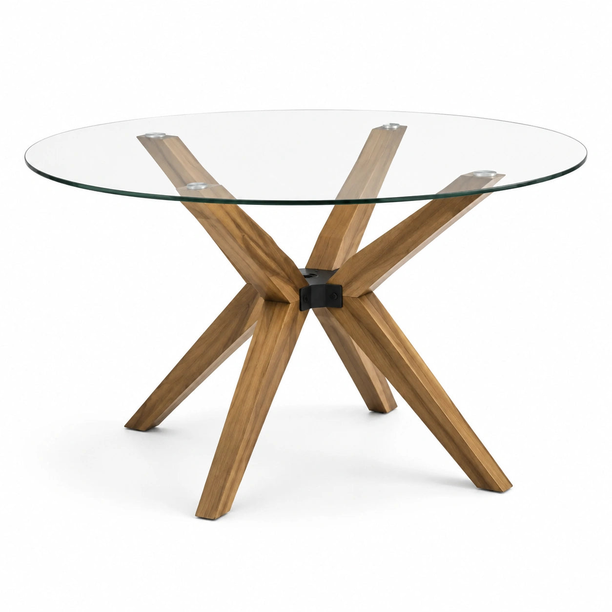 Runder Esstisch mit Glasplatte und Holzgestell, Transparent/Braun/Schwarz, Ø 120 × 75 cm