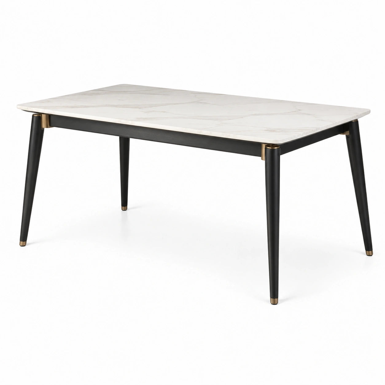 Moderner Esstisch 160 × 90 × 76 cm in weißer Marmoroptik mit schwarzem Metallgestell und goldfarbenen Akzenten