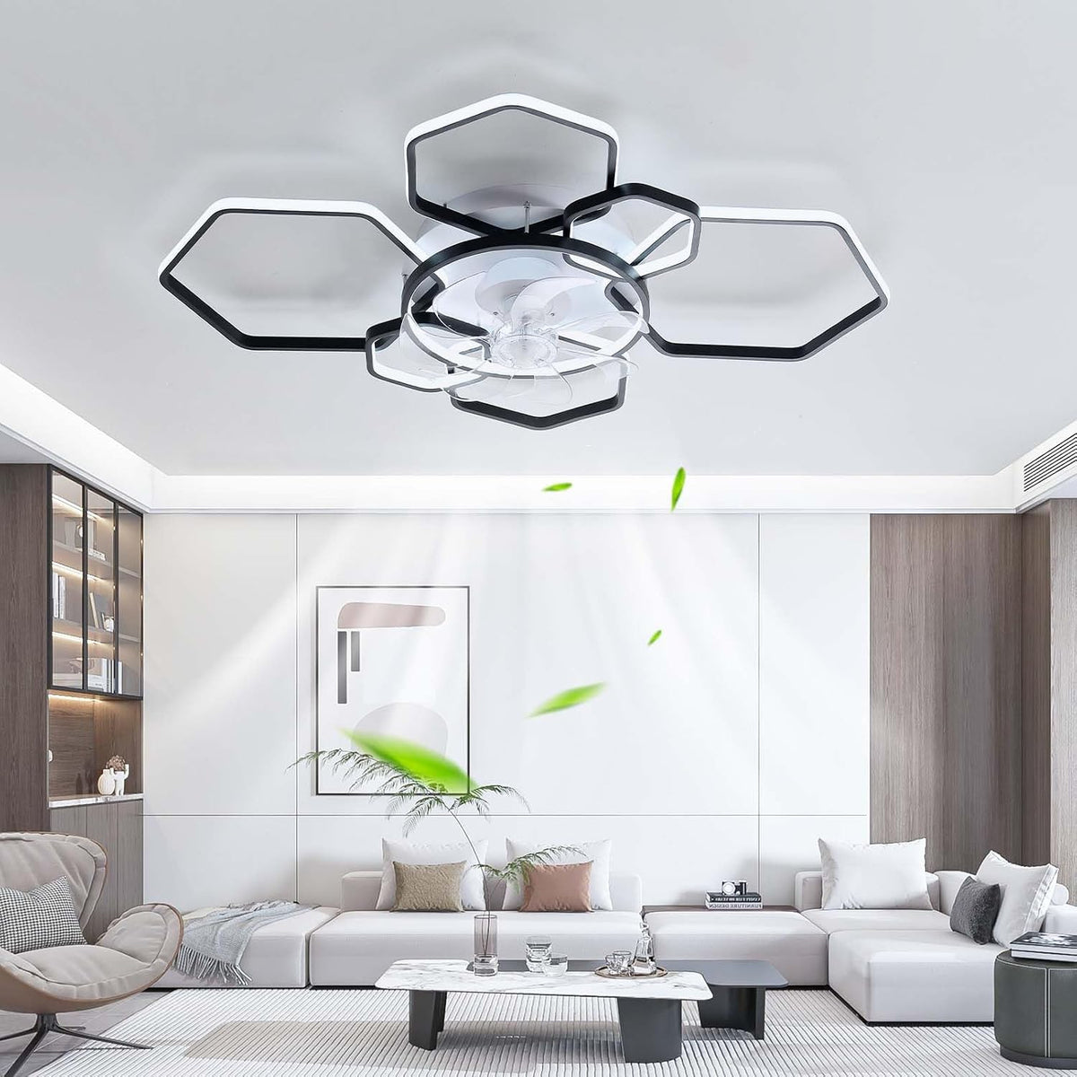 Caufloce Deckenventilator, Metall + Acryl, Schwarz, Groß Mit Beleuchtung Und Fernbedienung, Leise Reversibel Dimmbar Modern Lampe Mit Ventilator LED 6