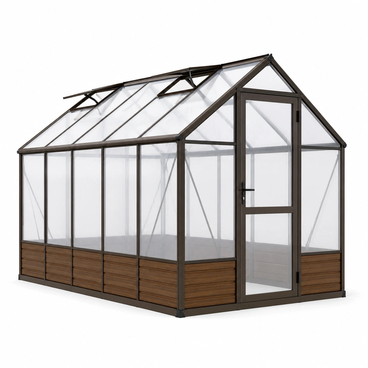 Gewächshaus aus Aluminium und Polycarbonat, 244 × 183 × 210 cm, Braun/Transparent, mit Tür und 3 Dachfenstern