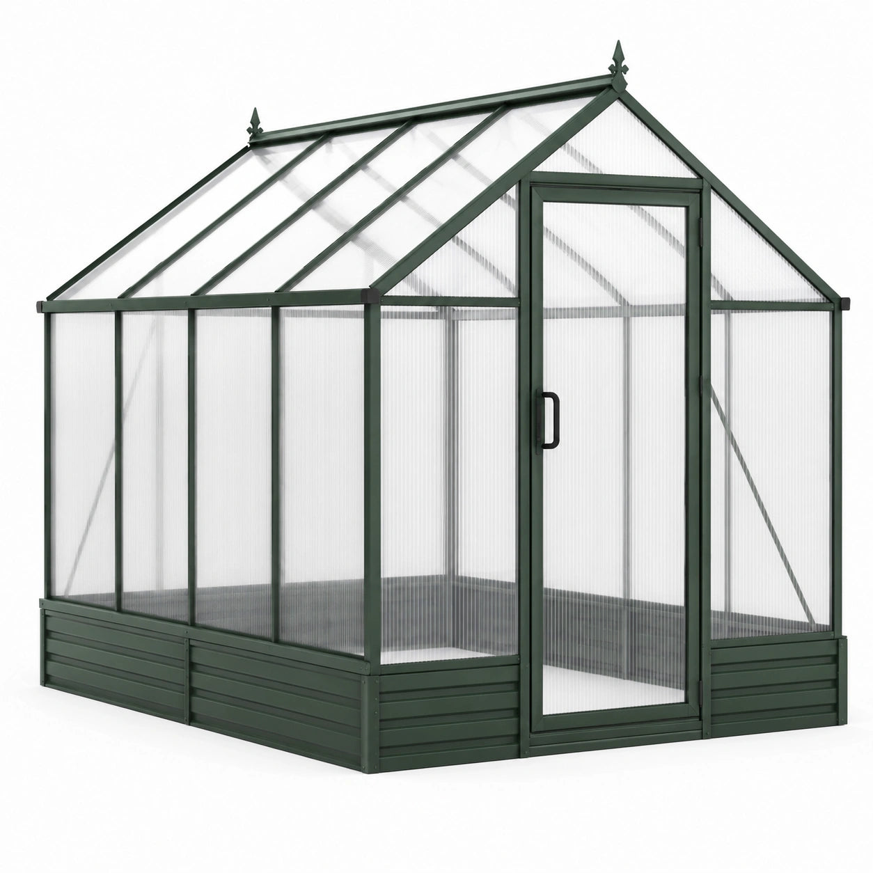 Gewächshaus aus Aluminium und Polycarbonat, Dunkelgrün/Transparent, 250 × 190 × 195 cm, mit Spitzdach und Tür