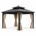 Gartenpavillon aus Metall mit Hartdach und Vorhängen, Schwarz und Beige, 300 × 300 × 280 cm