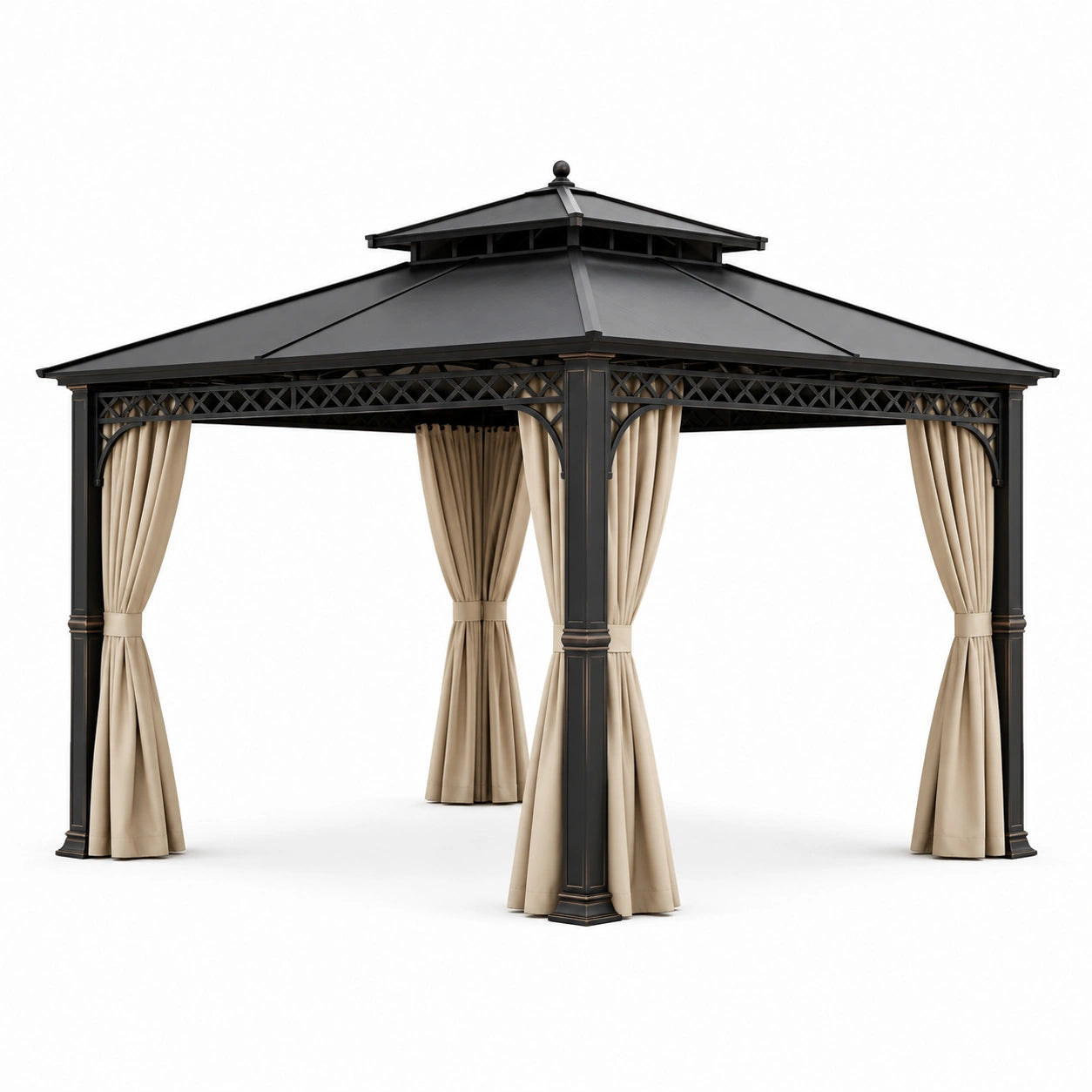 Gartenpavillon aus Metall mit Hartdach und Vorhängen, Schwarz und Beige, 300 × 300 × 280 cm
