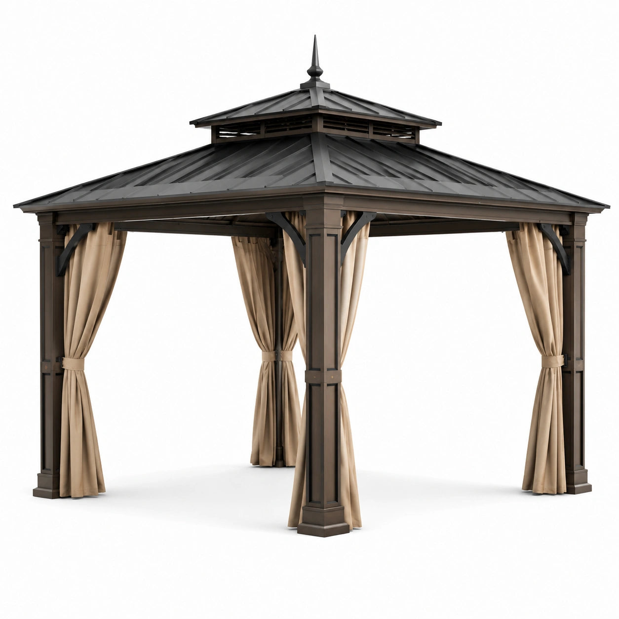 Gartenpavillon aus Metall mit Doppeldach und Vorhängen, 300 × 300 × 290 cm, Anthrazit und Beige