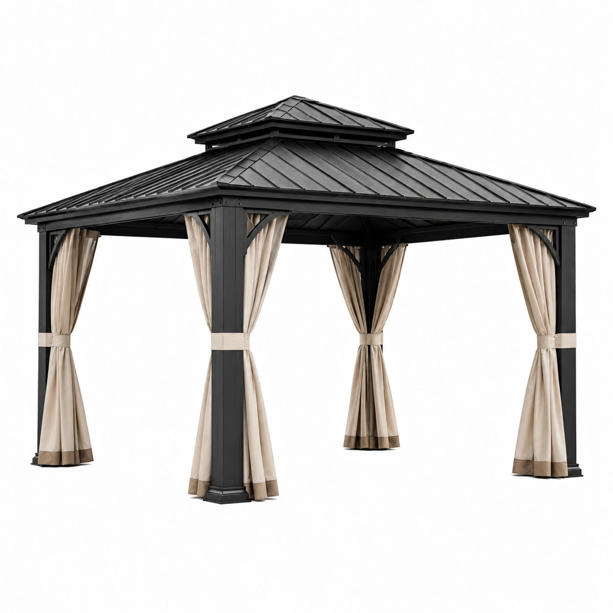 Gartenpavillon mit zweistufigem Festdach und Vorhängen, 400 × 300 × 280 cm, Anthrazit und Beige