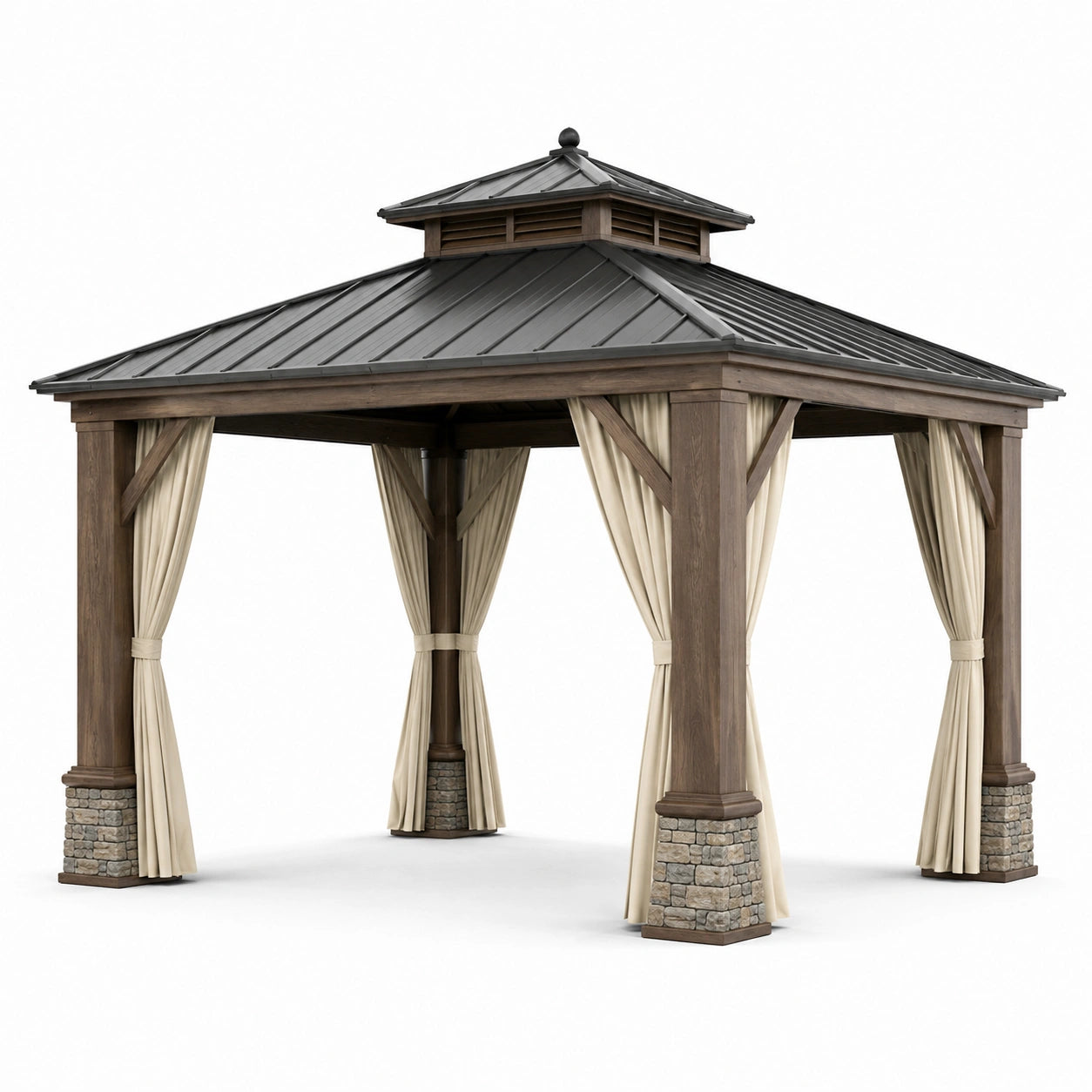 Gartenpavillon aus Holz und Metall, 360 × 360 × 320 cm, Braun/Anthrazit mit beigen Vorhängen