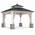 Gartenpavillon aus Holz und Metall, 400 × 300 × 350 cm, Weiß, Schwarz, Beige und Grau, mit Vorhängen