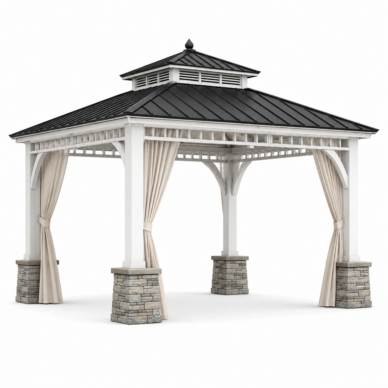 Gartenpavillon aus Holz und Metall, 400 × 300 × 350 cm, Weiß, Schwarz, Beige und Grau, mit Vorhängen