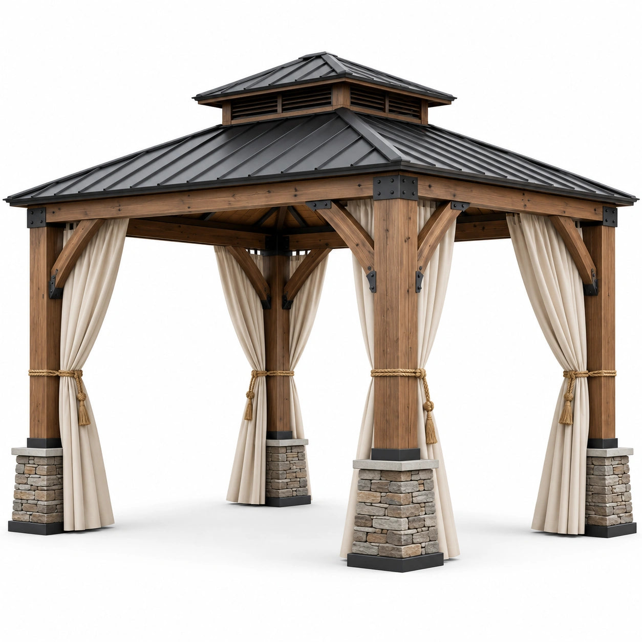 Gartenpavillon aus Holz und Metall mit Vorhängen, Braun/Anthrazit/Beige/Grau, 360 × 360 × 330 cm
