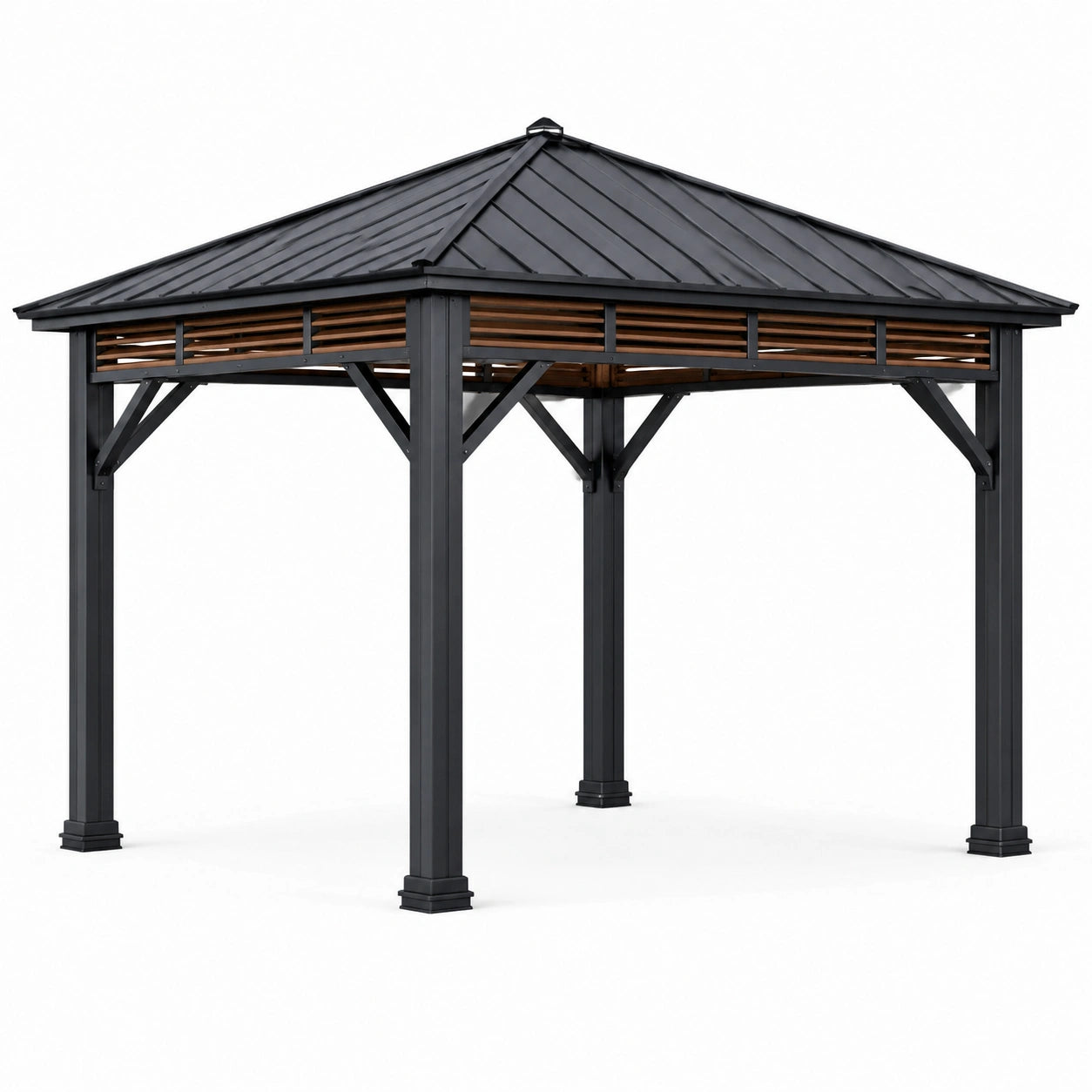 Gartenpavillon mit festem Metalldach, 365 × 300 × 285 cm, Schwarz und Braun