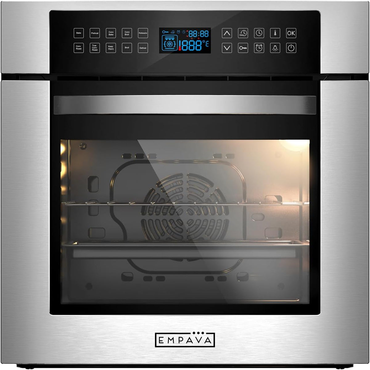 Empava Backofen, 59,5 cm B x 56,8 cm T x 59,5 cm H; Ausschnittabmessungen: 60 cm B x 57,5 cm T x 60 cm H; Innenmaße: 45,7 cm B x 36,7 cm T x 41,1 cm H