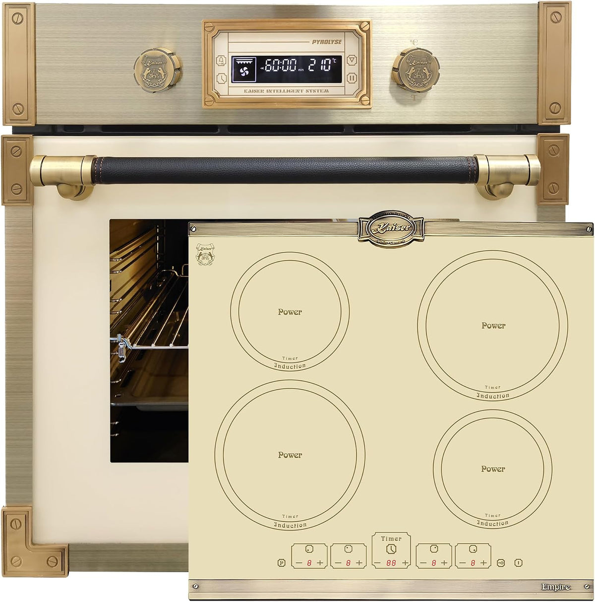 Kaiser Backofen, 60 cm, 73 L, Schwarz, Pyrolyse EH 6427 ElfAD+KCT 6195 IElfEm, Retro Pyrolyse Einbau Elfebeinfarbiges Glas
