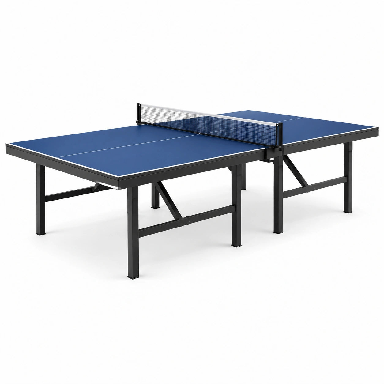 Tischtennisplatte für Innenräume, 274 × 152,5 × 76 cm, blaues Spielfeld, schwarzes Stahlgestell und Netz