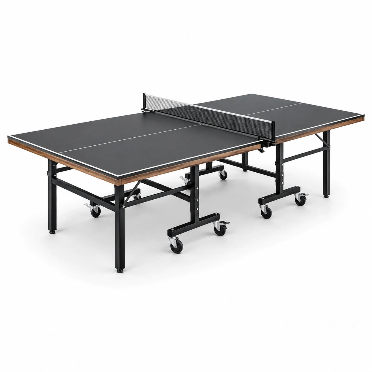 Klappbare Tischtennisplatte mit Netz und Rollen, 274 × 152,5 × 76 cm, Schwarz/Braun/Weiß