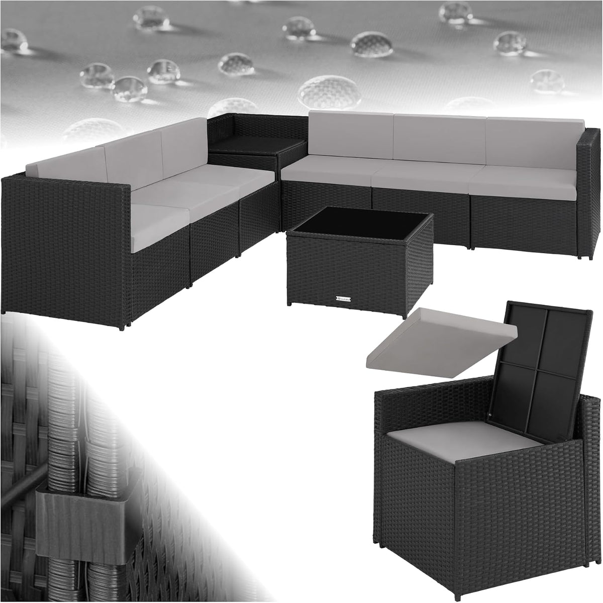 tectake Beistelltisch, Pulverbeschichteter Stahl, Polyethylen, Schaumstoff, Polyester, Glas, schwarz