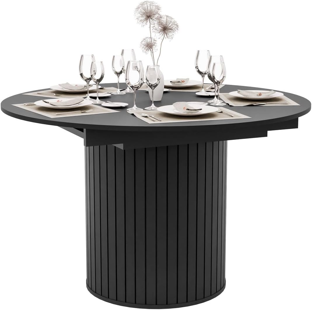 Lookway Tisch, 160 cm, Schwarz, Ess Elodie 120, ausziehbarer mit gefräster runder Basis, modernes Design für Esszimmer & Wohnzimmer