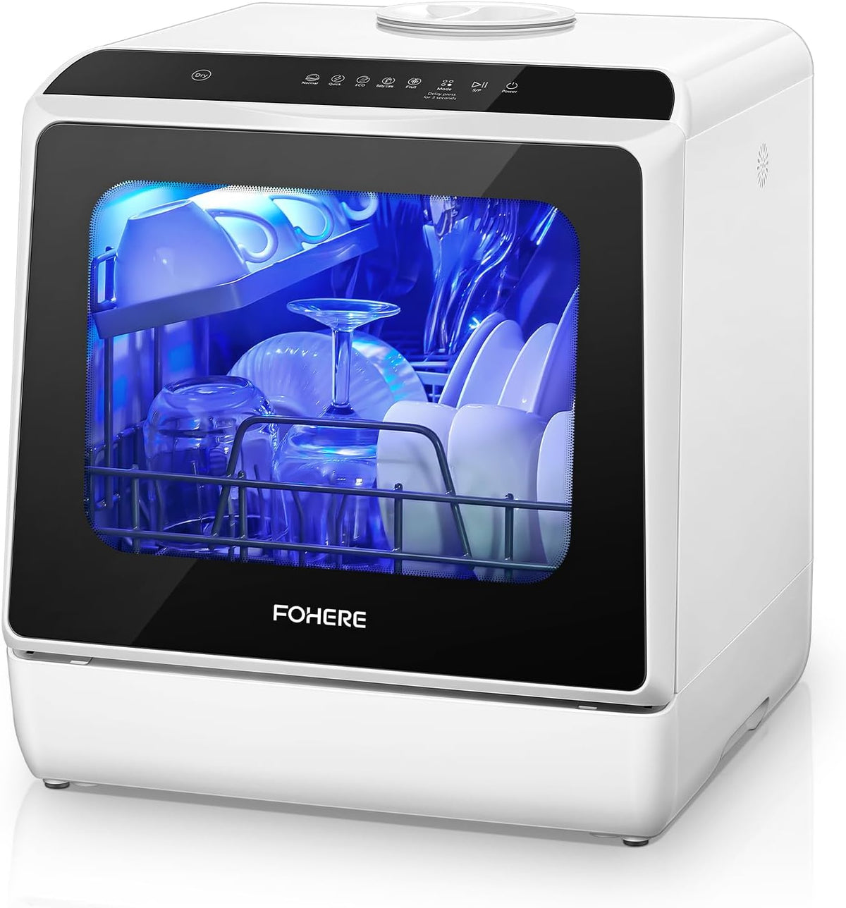 FOHERE Tischgeschirrspüler, 5 L, Weiß, Mini Spülmaschine mit Tank, Timer-Funktion, 2-in-1 water supply, 6 Programme