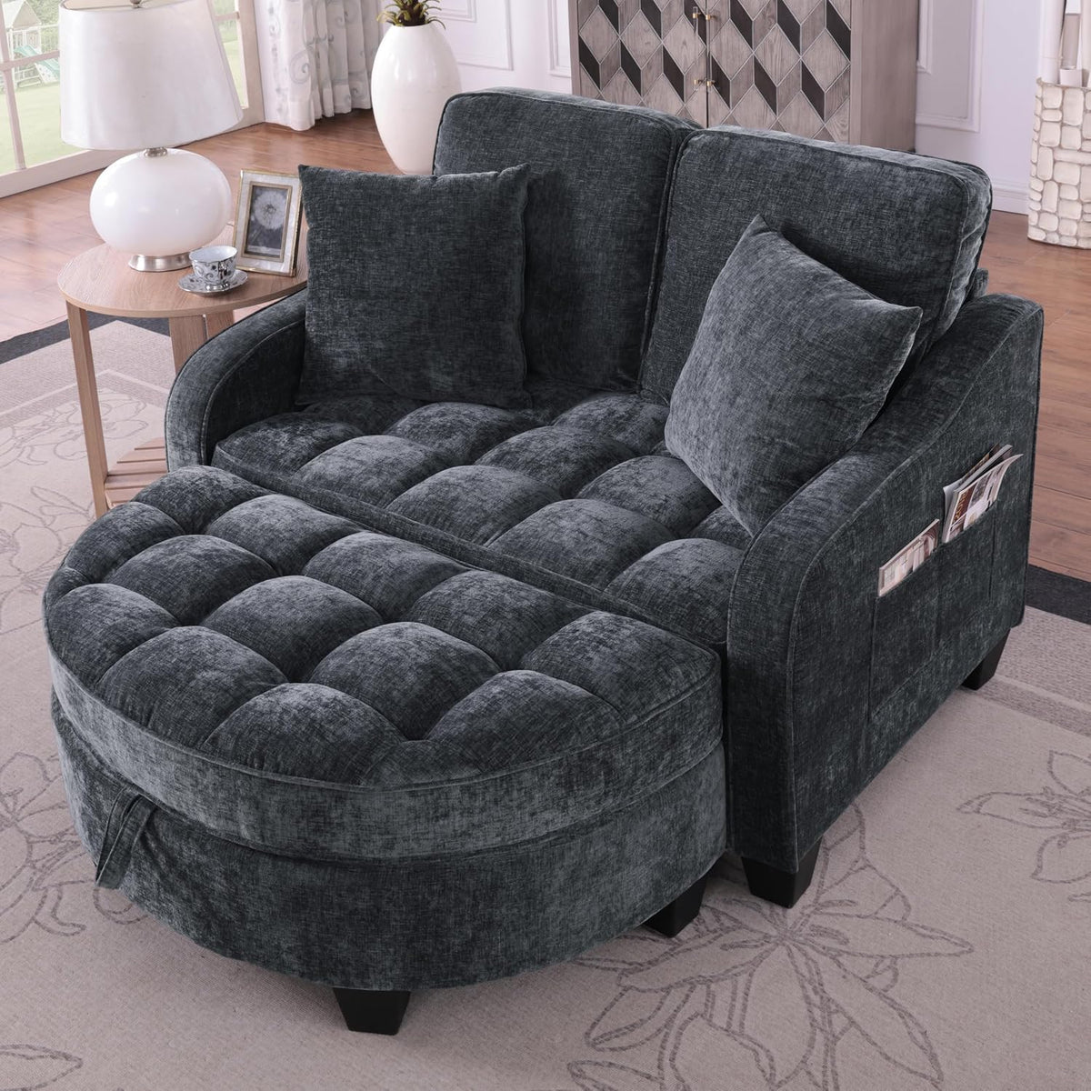 Sofa Kuczn, Schwarz, Modulares Schlaf aus weichem Chenillestoff, mit Schlaffunktion, Aufbewahrungs-Hocker, für kleine Wohnzimmer