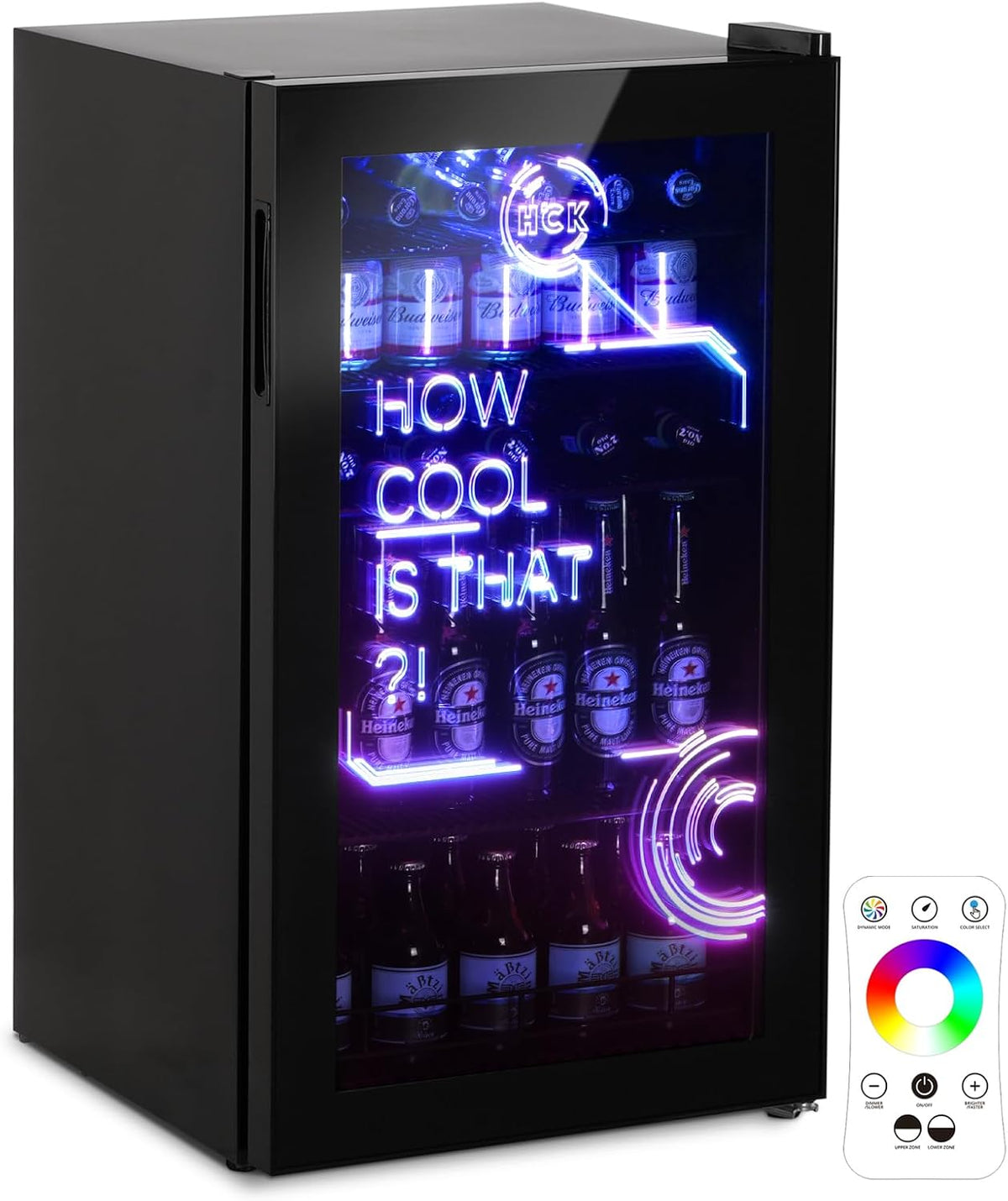 HCK Getränkekühlschrank, 39 dB, 98 L, Schwarz, mit Cyberpunk RGB Beleuchtung, Minibar kleine Kühlschrank mit Glastür