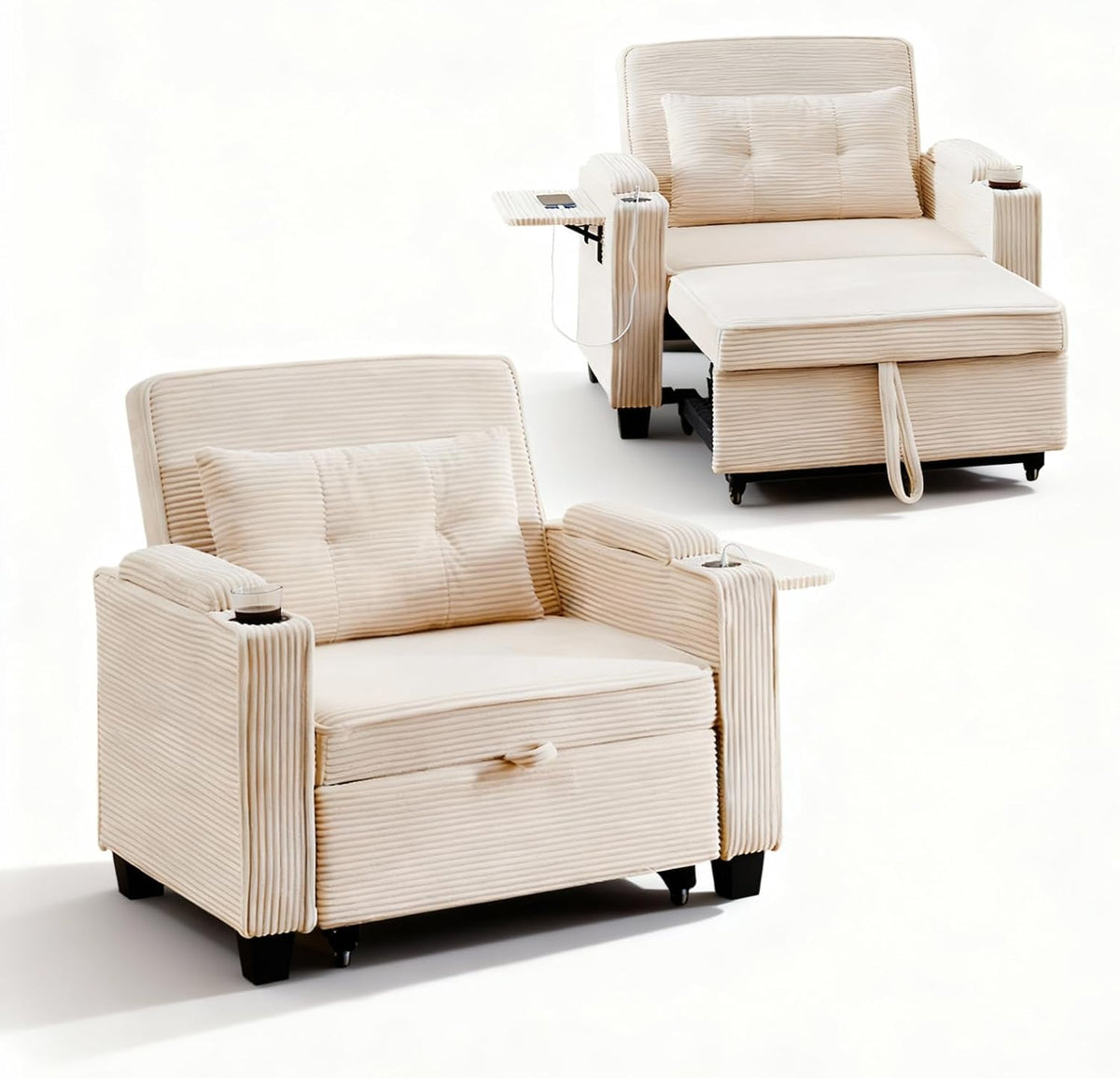 Sofa TUKAILAI, Beige, 3-in-1 Schlaf mit Bettfunktion, Schlafsessel mit Verstellbarer Rückenlehne, Bettkasten Armlehne