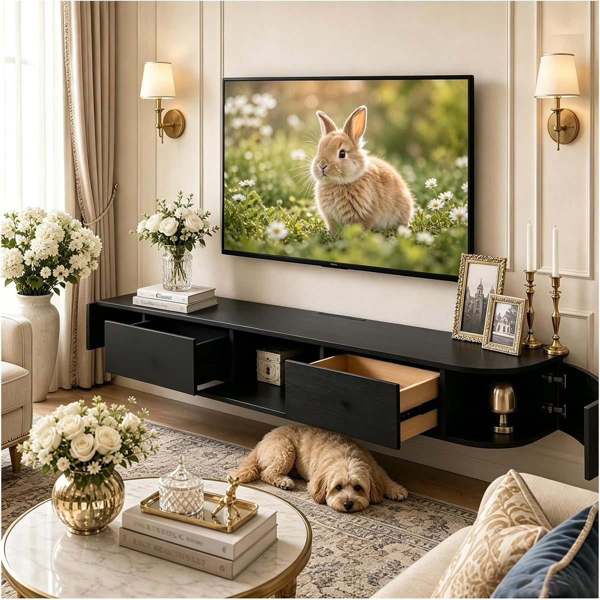 JUNFUNNLE TV-Schrank, 160 cm, Schwarz, Lowboard, Moderner TV Board Hängend, TV Lowboard mit 2 Schubladen 1 Klappen Türen