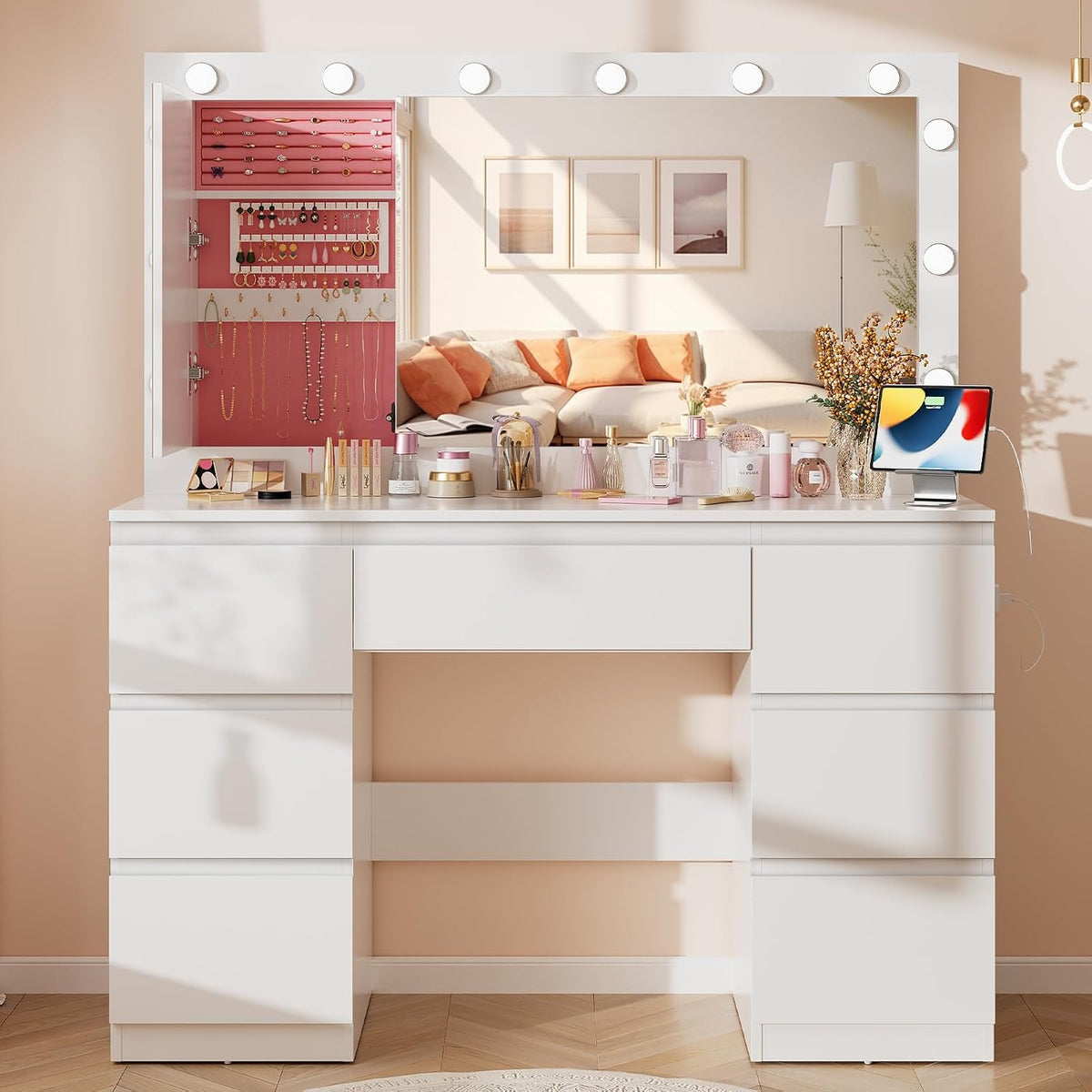 Schminktisch Airfish, 120x40x140 cm, Braun, Kosmetiktisch, mit LED-Beleuchtung und Großer Spiege, Frisiertisch mit Schmuckschrank und Steckdosen