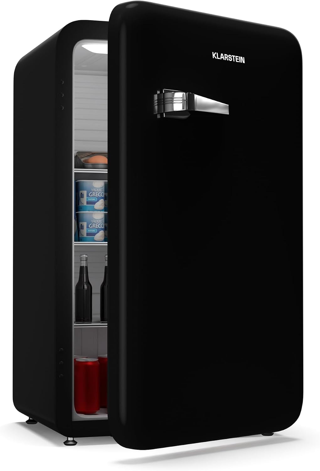 Klarstein Kühlschrank, 40 dB, 112 L, Schwarz, Audrey Evo Retro, Ohne Gefrierfach, Leise, Wendetür, Verstellbare Füße