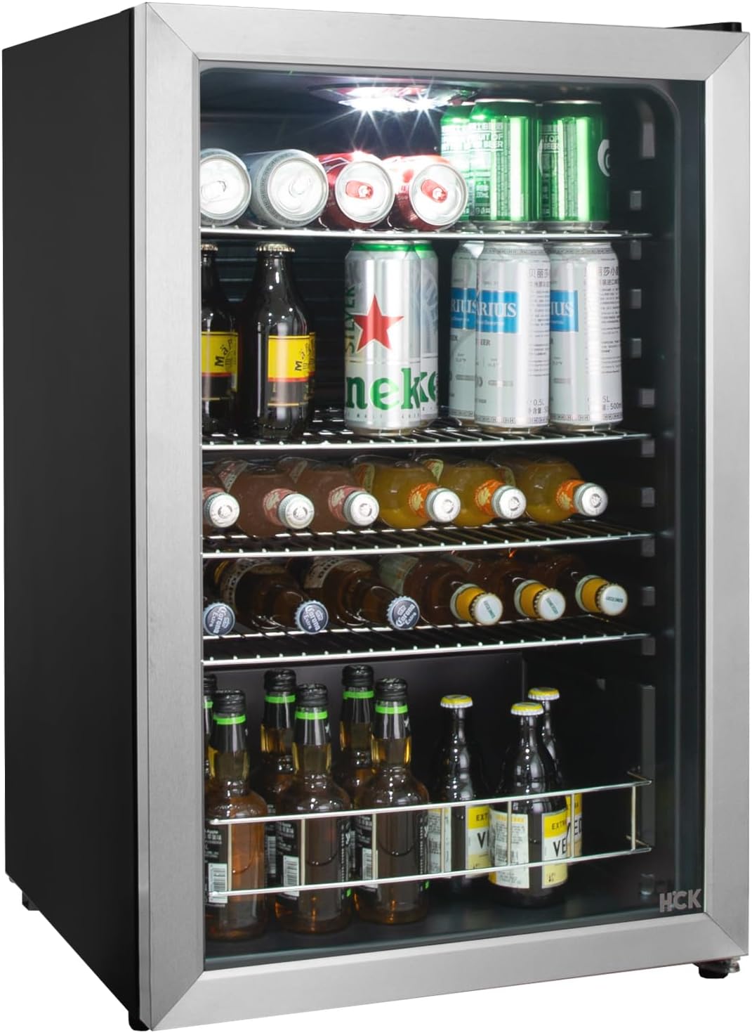 HCK Getränkekühlschrank, 115 L, Weiß, Bierkühlschrank freistehend mit doppelt verglaster Glastür, Temperatur von 0 bis 10℃