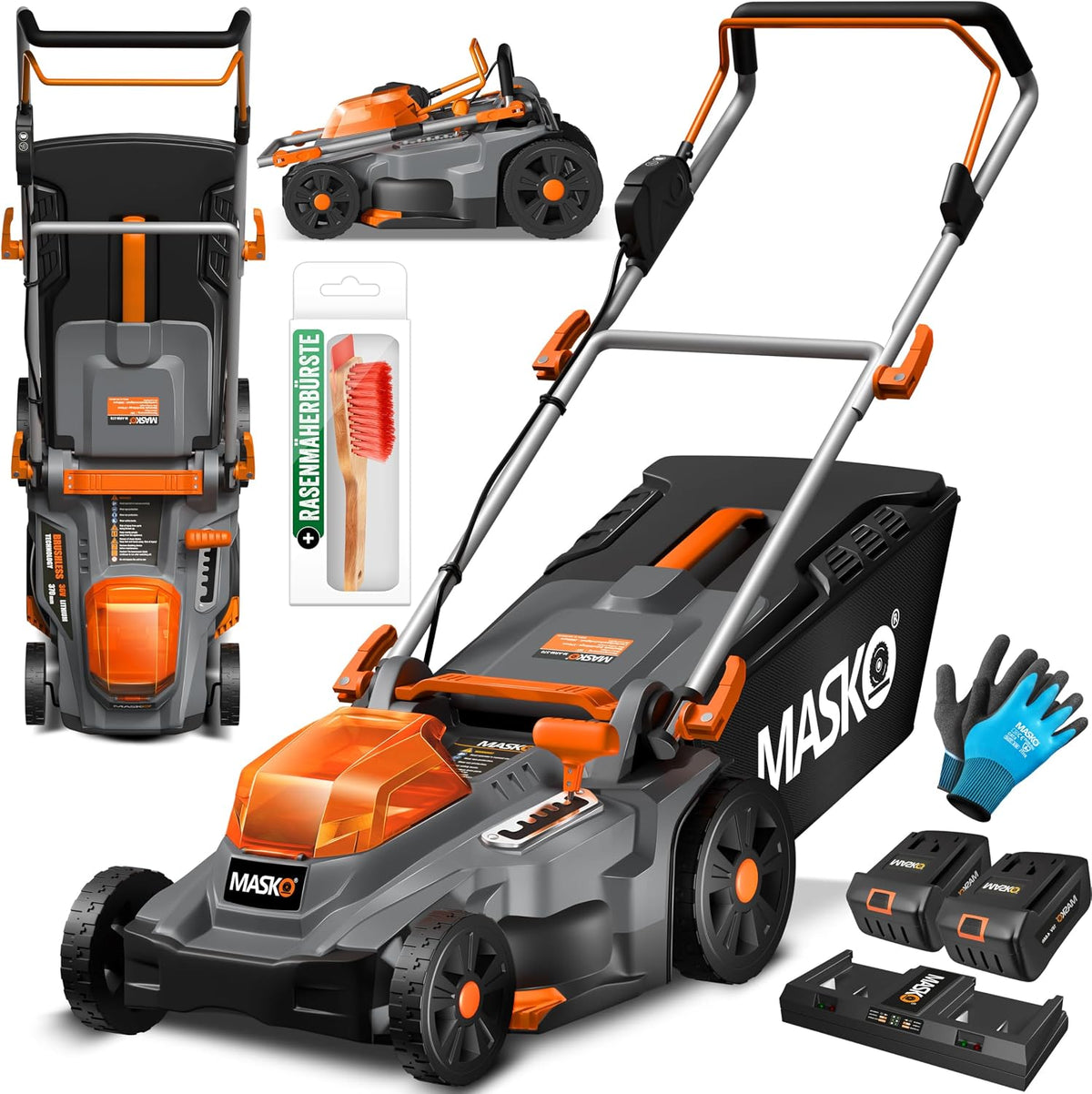 MASKO Rasentrimmer, 37 cm, 600m, 4 Ah, 40 L, Orange/Schwarz/Grau, Akku Rasenmäher mit Mulchfunktion