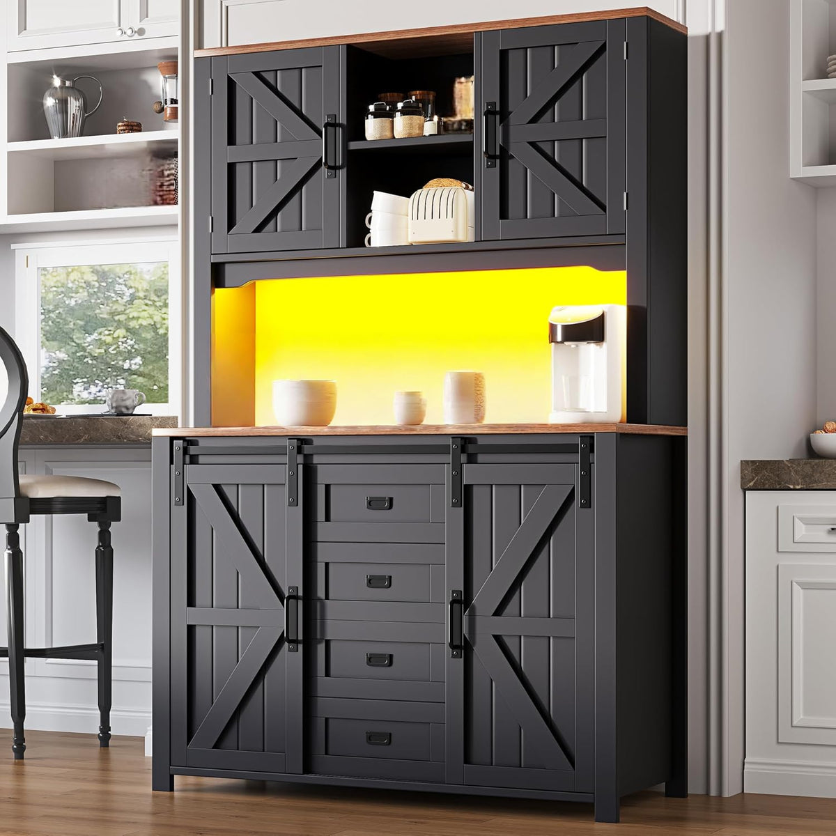 Gxffipw Buffetschrank, 174.7 cm, Schwarz, Küchenschrank Höhe mit LED Licht und 2 Schubladen, Hochschrank Vorratsschrank mit Schiebetüren