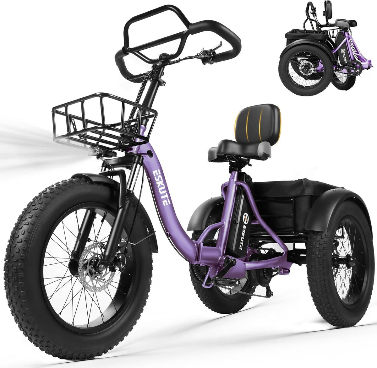 ESKUTE E-Bike, 20,8 Ah, 4 Zoll, 48 V, Mehrfarbig, Elektro Dreirad für Erwachsene T302 Pro, Akku, faltbares Dreirad mit Tiefeinstieg