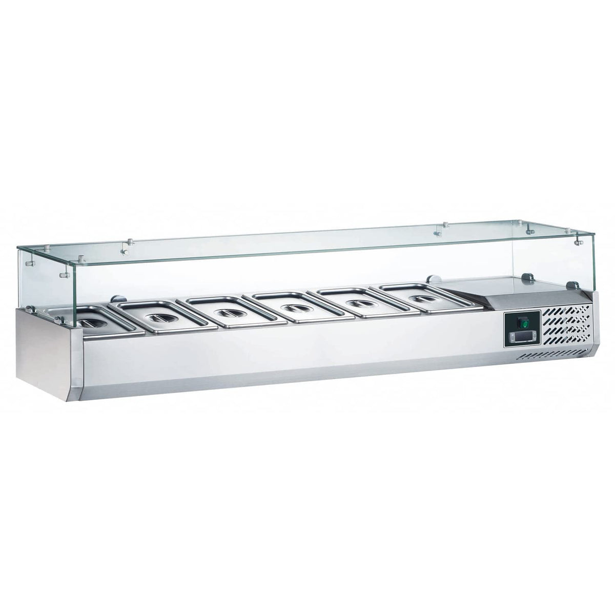 Wohnzimmerschrank Saro, 150 cm, 230 V, 74 kg, Silber/Transparent, Aufsatzkühlvitrine für Pizzatisch & Gastronomie
