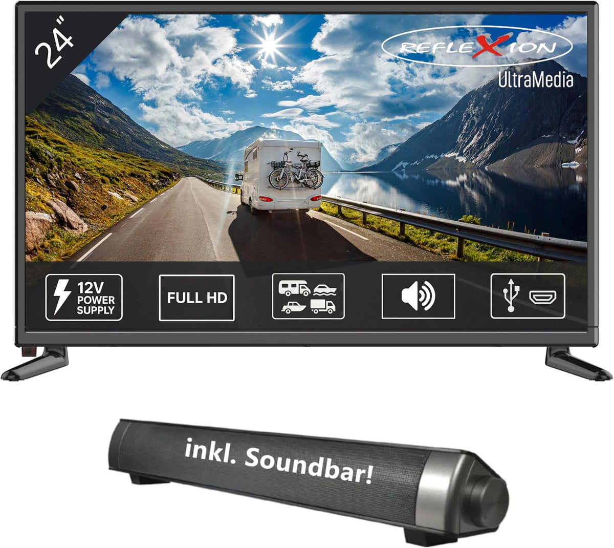 Reflexion Fernseher, 24 Zoll, 12 V, Schwarz, mit Soundbar - KFZ-Adapter für Wohnmobile und Wohnwagen -, LED2425SB