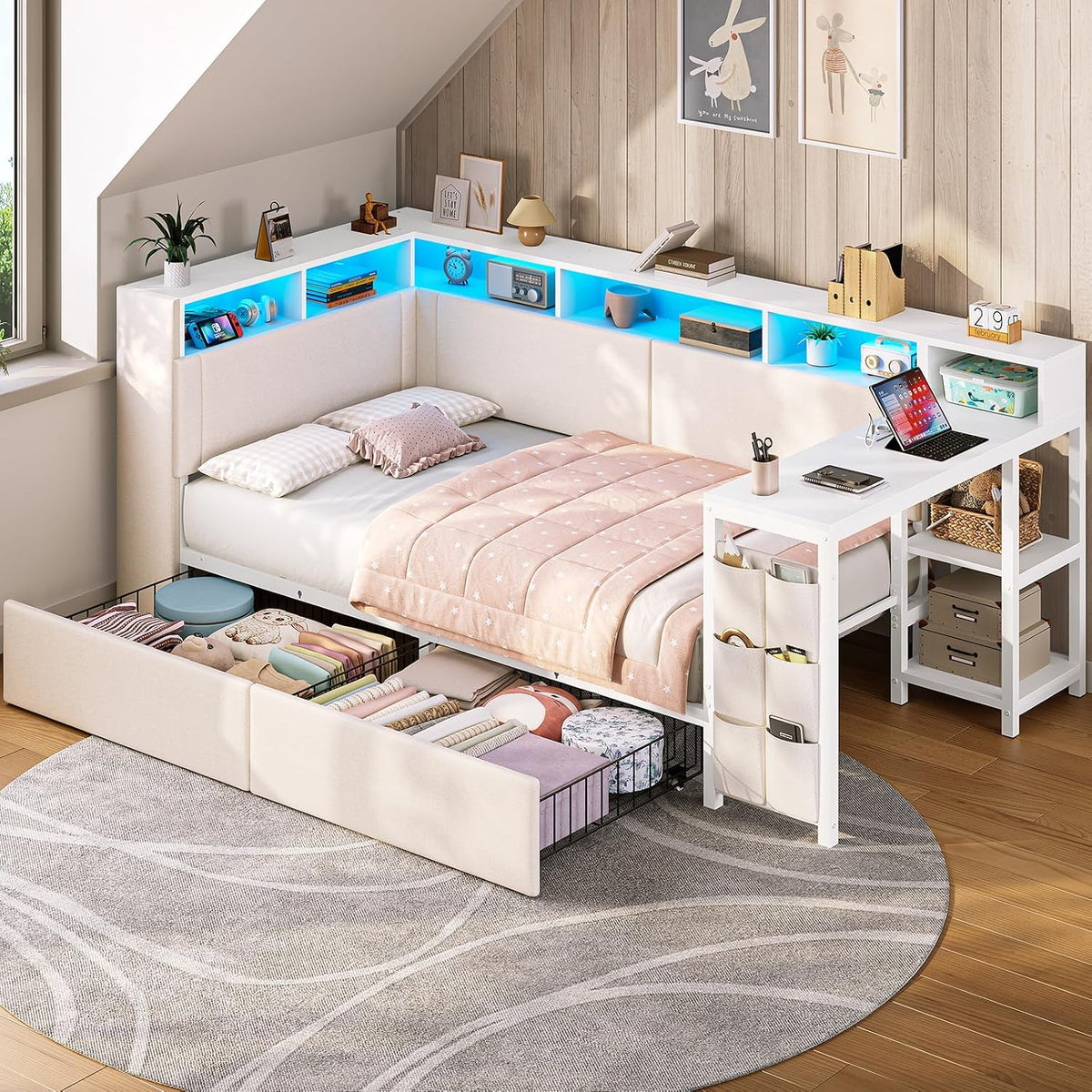 AOGLLATI Schreibtisch, Schwarz, Polsterbett 90x200 mit LED-Beleuchtung, Ladestation &