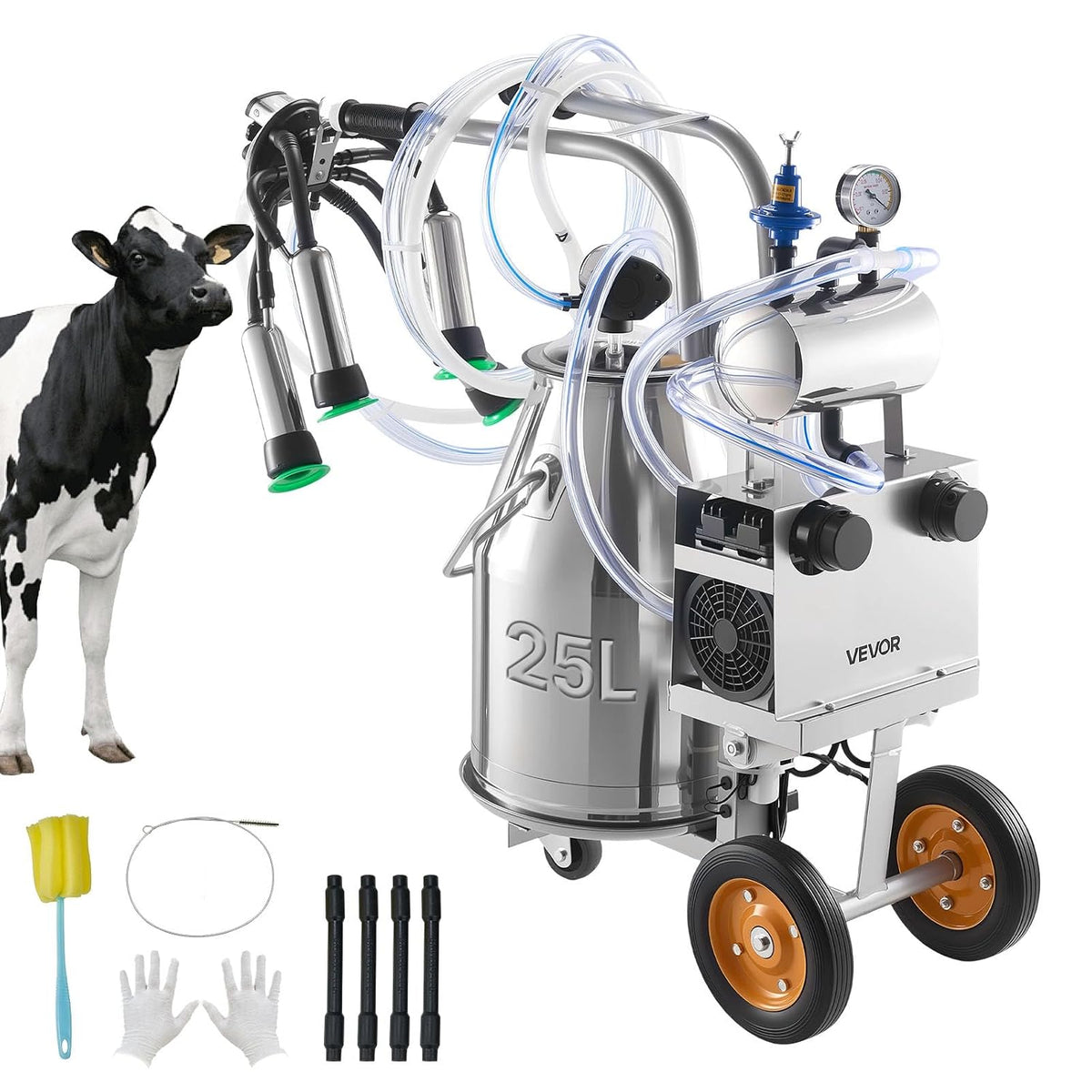 VEVOR Futteraufbewahrung, Silber/Schwarz, Elektrische Melkmaschine, 25-L-Eimer aus Edelstahl 304, Lebensmittelechte Zitzengummis & Silikonschlauch