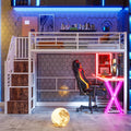 Jovify Matratze, 90x200 cm, Weiß, LED Hochbett mit Schreibtisch, Bücherregal, Treppe und Kleiderschrank, Etagenbett mit Lattenrost