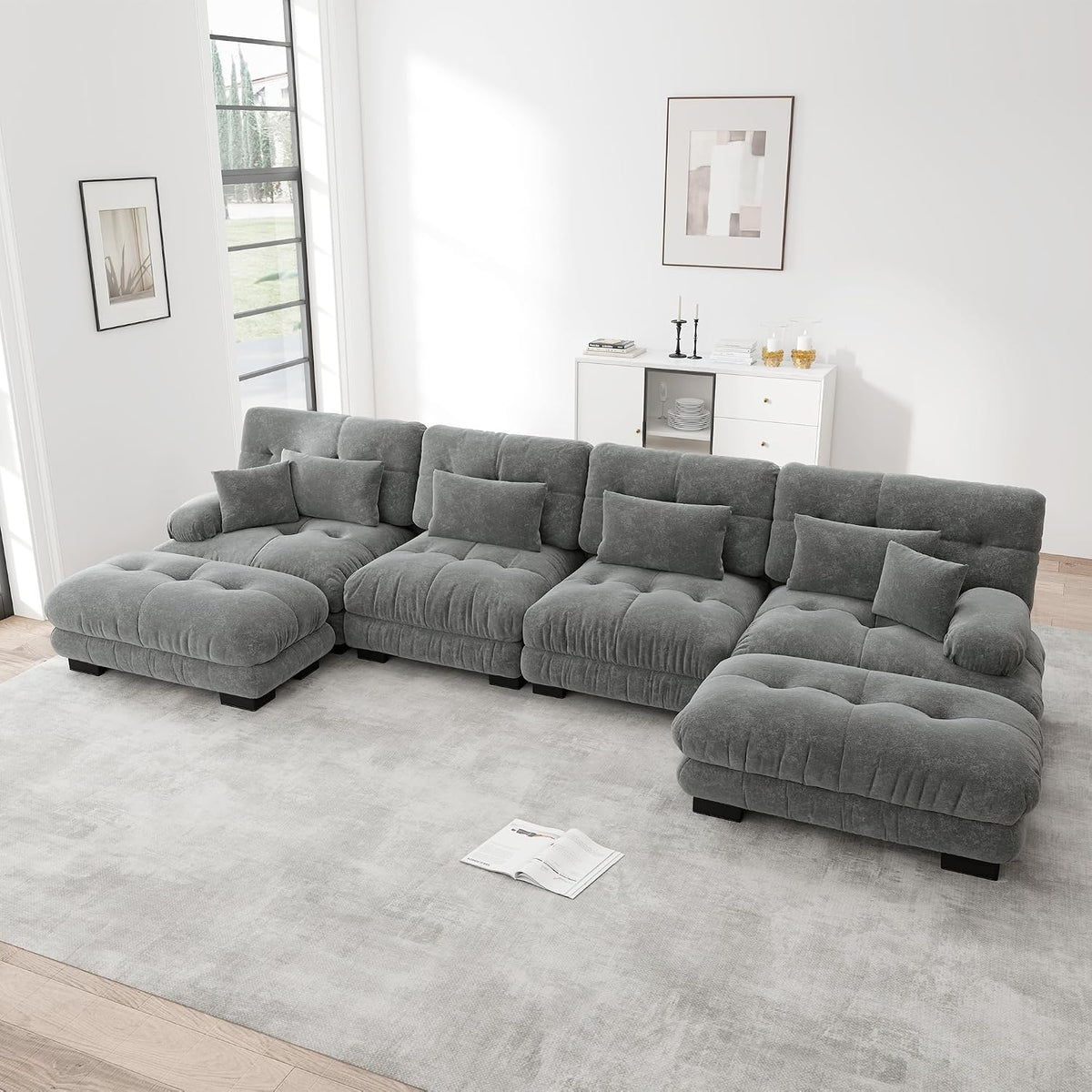 Sofa Dolamaní, Grau, U-förmiges Eck, Couch Chenille Stoff für Wohnzimmer, Wohnung, Büro, Einfache Montage (, M-(4 Sitzer +2 Hocker))