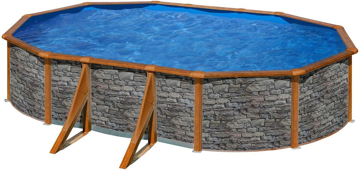 Paradies Pool Stahlrahmenpool, 375x610x120 cm, 0,4 mm, blau, Gre Giant oval (Ø x H), Komplettset, Stahlwandbecken Stein/Holz