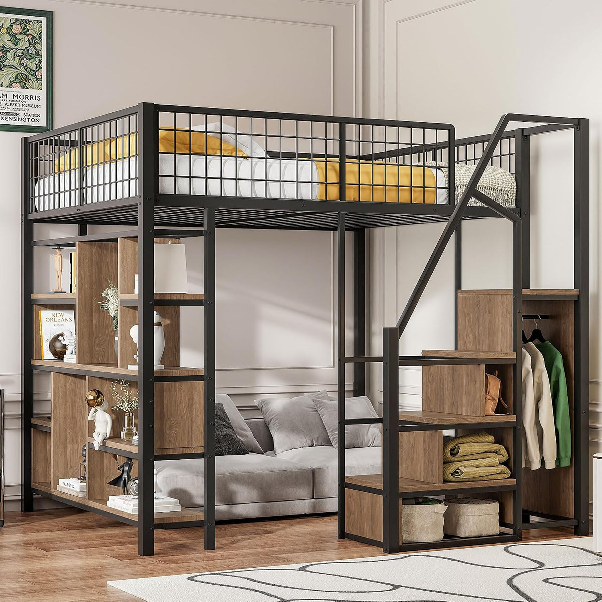 MYBOO Bett, 140x200 cm, Schwarz, Kinder Etagen für 2 Kinder, Metall Hoch mit Kleiderschrank&Regalen&Treppe, Ohne Matratze