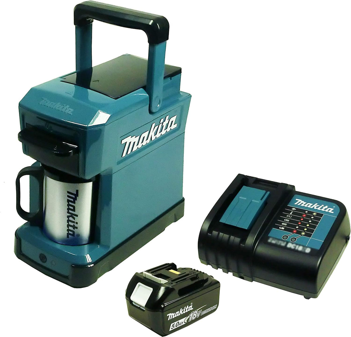 Makita Kaffeemaschine, 5 Ah, Schwarz/Silber, DCM 501 Akku- mit Akku und Ladegerät