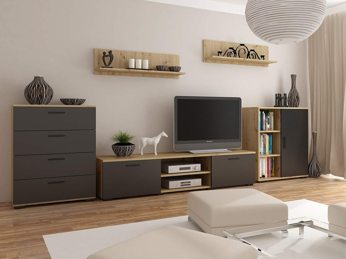 MATKAM Sideboard, 18 mm, Schwarz, Wohnwand Chopin 2, 5-teilig, laminierte, Schubladenschrank H75xB60xT23 cm, Fernsehschrank H35xB140xT40 cm