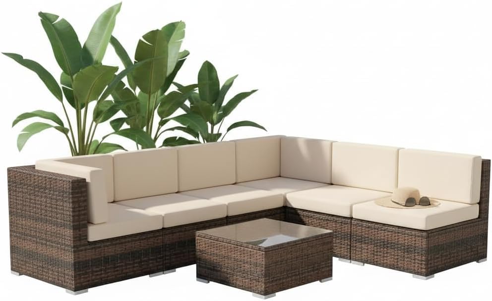 Mucola Sofa, Braun, Polyrattan Lounge XXL Gartenmöbel Set, wetterfeste Sitzgarnitur mit Tisch, Auflagen & Verbindungsclips