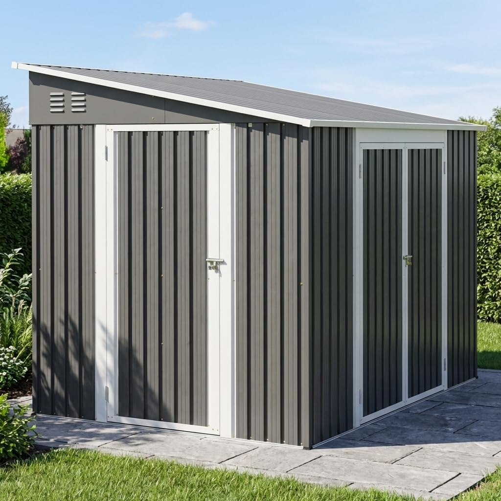 Gerätehaus vutizal, 4 m, Grau/Weiß, Metall 6x8 Fuß (1, Großraum Gartenhaus mit Doppeltüren, Schloss & Boden, Wetterfester Schuppen für Fahrräder