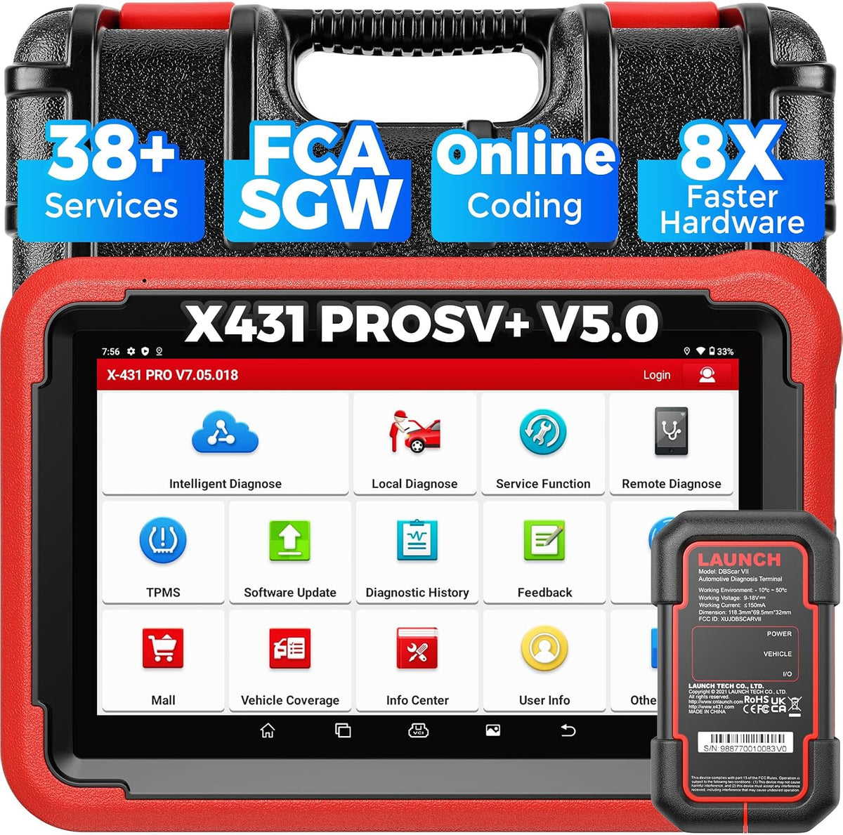 LAUNCH OBD-II Diagnosewerkzeuge, Schwarz/Rot, X431 PROS V5.0 OBD2 Diagnosegerät 2024 Aktualisierung, mit 37+ Sonderfunktionen